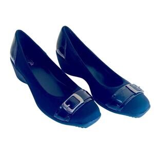 East 5th Flex Black 8 M Fabric Patten Leather Wedge Shoes Slip-on Heels